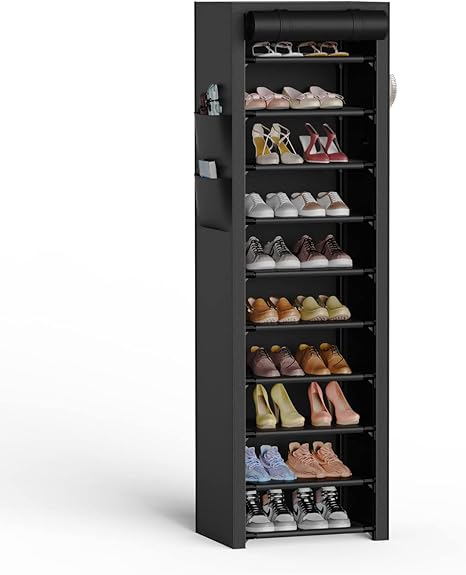 Vertical Narrow Shoe Rack Organizer Tall Shoe Rack for Closet Entryway 10 Tier Non-Woven Cover Shoe Shelf Holds 20-22 Pairs Free Standing Shoe Storage Cabinet with Dustproof Cover Black